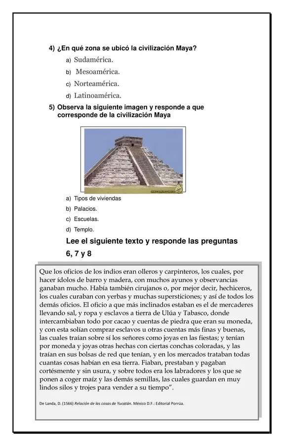 Prueba editable de Historia "civilización Maya"  cuartos años en formato Word