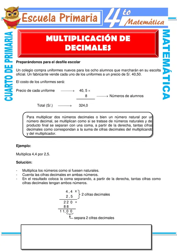 Sesión de multiplicación de números decimales