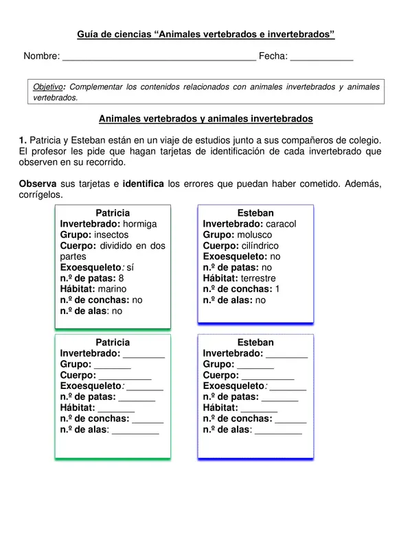 Guía "Animales vertebrados e invertebrados" 2°año