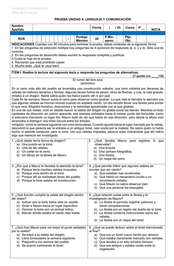 Evaluación Unidad 4 Lenguaje y Comunicación 5to - Unidad 4
