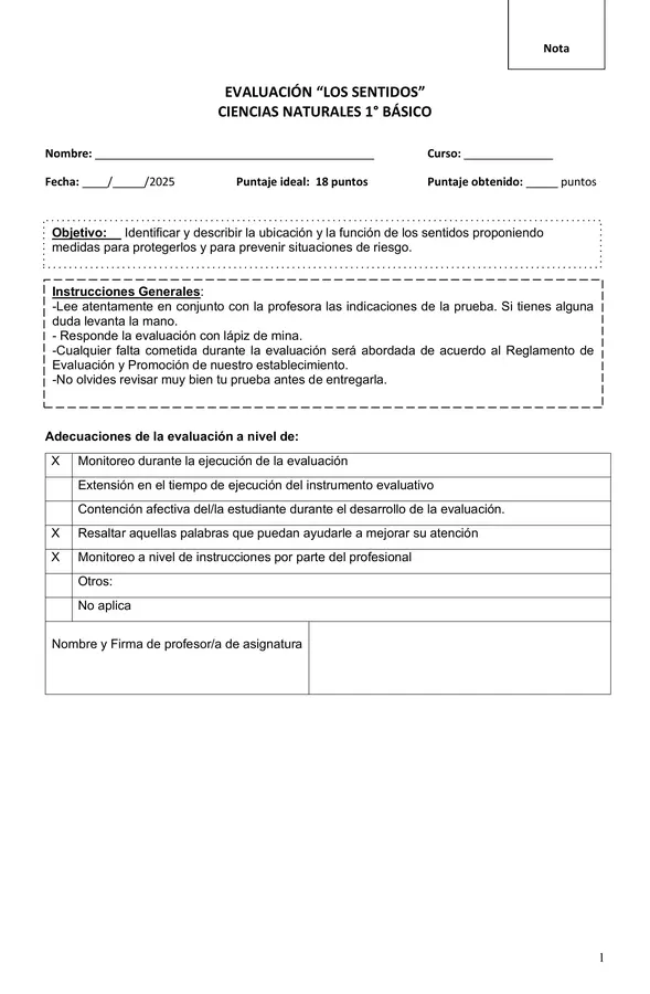 Evaluación los sentidos Primero Básico