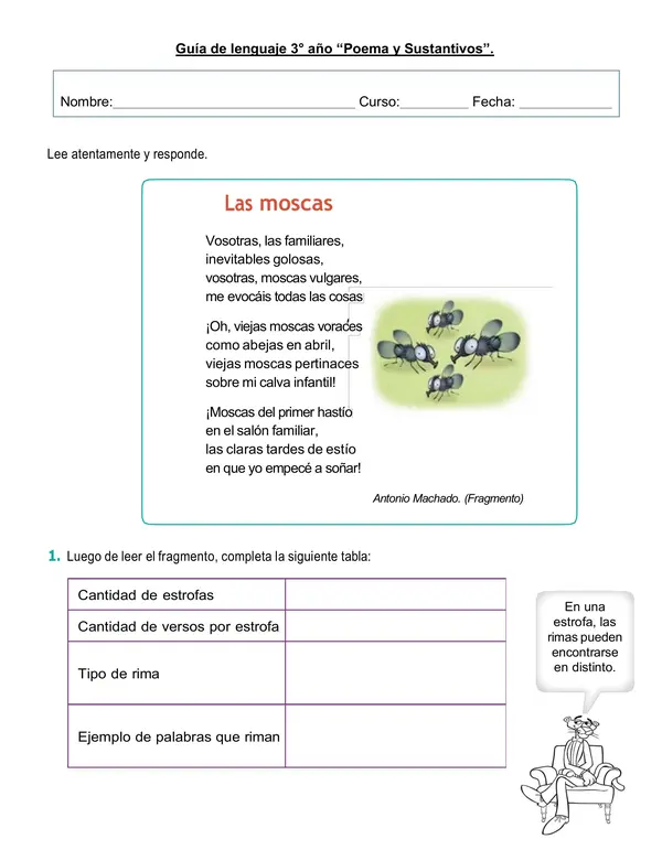 Guía de lenguaje "Poema y sustantivos" 3°año