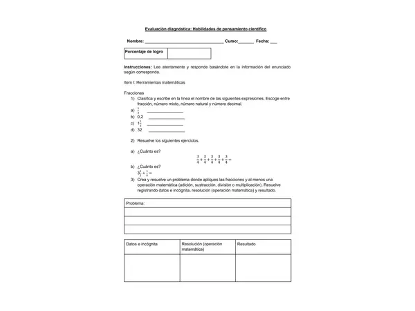Evaluación diagnóstica para 7mo básico, asignatura de física.