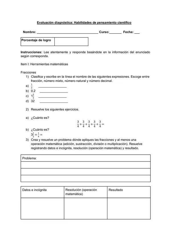 Evaluación diagnóstica para 7mo básico, asignatura de física.