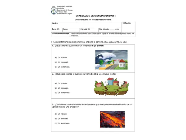 EVALUACION CIENCIAS ADAPTADA CAPAS DE LA TIERRRA