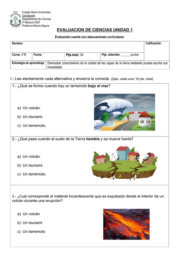 EVALUACION CIENCIAS ADAPTADA CAPAS DE LA TIERRRA