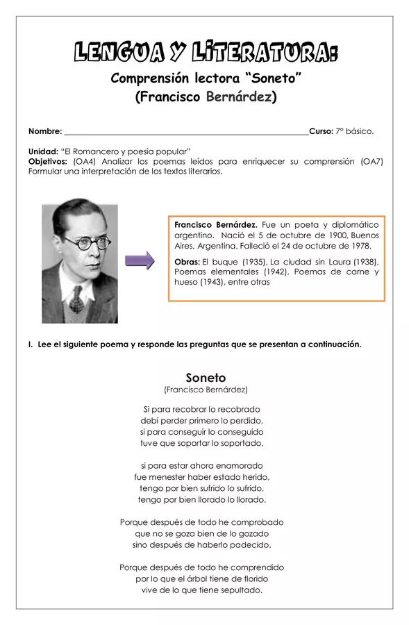 Guía de trabajo - Soneto (Francisco Bernárdez) - 7° básico (Lengua y literatura)
