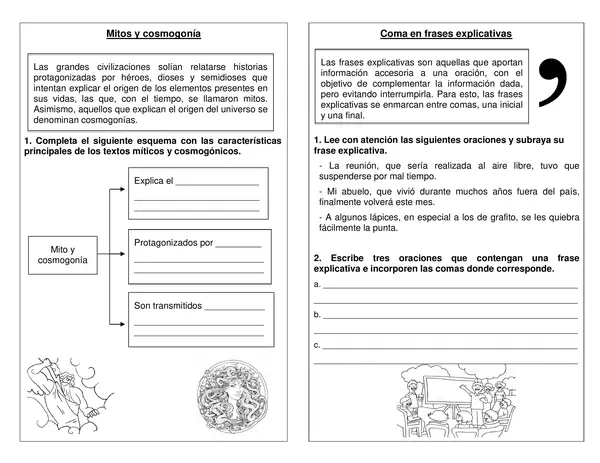 Guía de síntesis "Mito y cosmogonia "Coma en frases explicativas" 5° año.