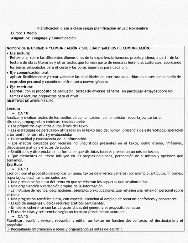 Planificación Clase a Clase: Noviembre | Lenguaje y Comunicación 1° Medio