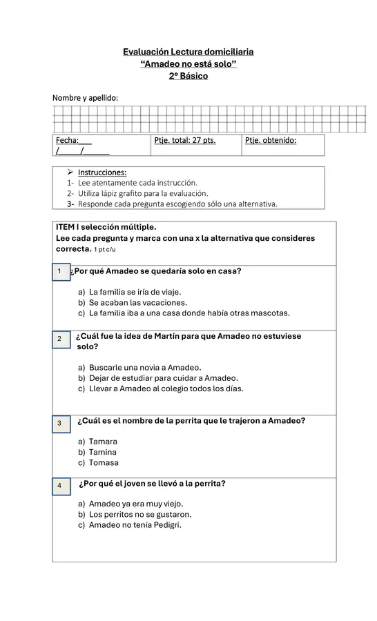 Prueba de lectura complementaria "Amadeo no está solo"