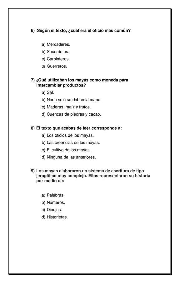 Prueba editable de Historia "civilización Maya"  cuartos años en formato Word