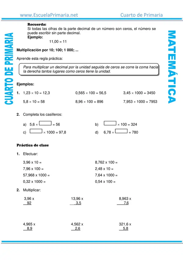 Sesión de multiplicación de números decimales