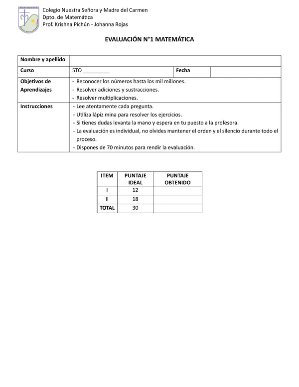 Evaluación de Matemática – 5° Básico - MARZO