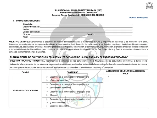PLANIFICACIÓN ANUAL TRIMESTRALIZADA – EN BUSCA DEL TESORO I