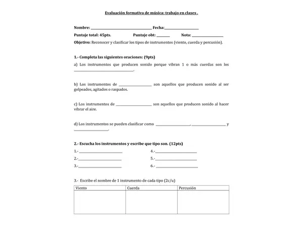 Evaluación formativa tipos de instrumentos musicales