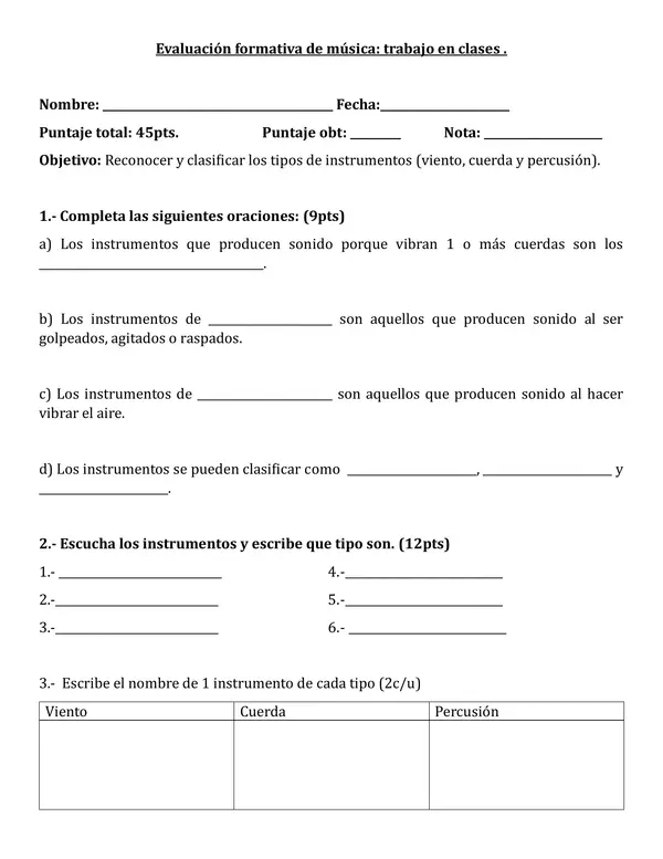 Evaluación formativa tipos de instrumentos musicales