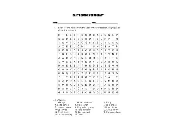 Daily Routine Vocabulary Worksheet
