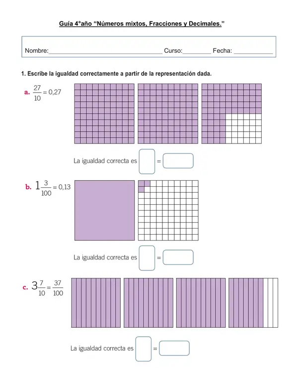 Guía 4°año "Número mixto, fracciones y decimales"