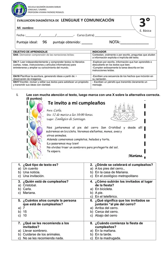 DIAGNÓSTICO LENGUAJE 3RO BÁSICO