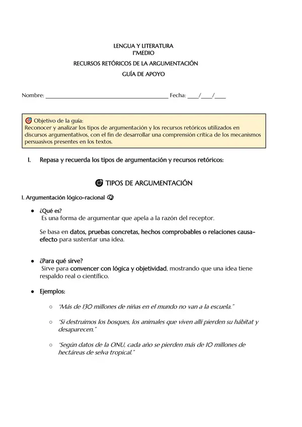 Guía tipos de argumentación y recursos retóricos + Pauta de corrección