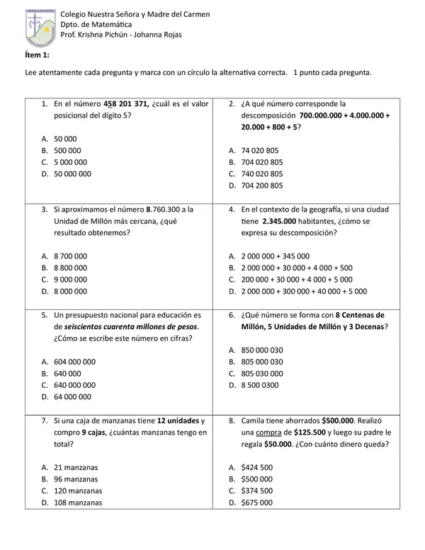 Evaluación de Matemática – 5° Básico - MARZO