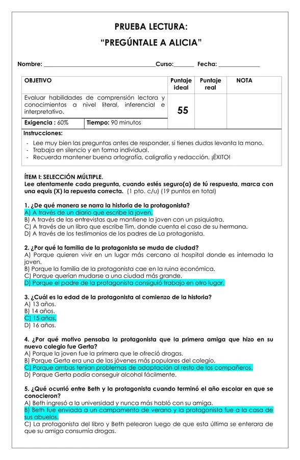 Prueba Lectura - Pregúntale a Alicia