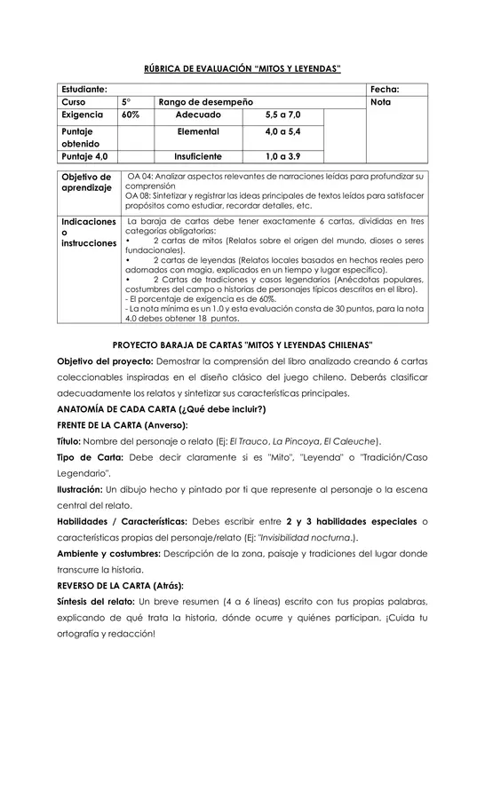 EVALUACIÓN DE PLAN LECTOR "MITOS Y LEYENDAS"