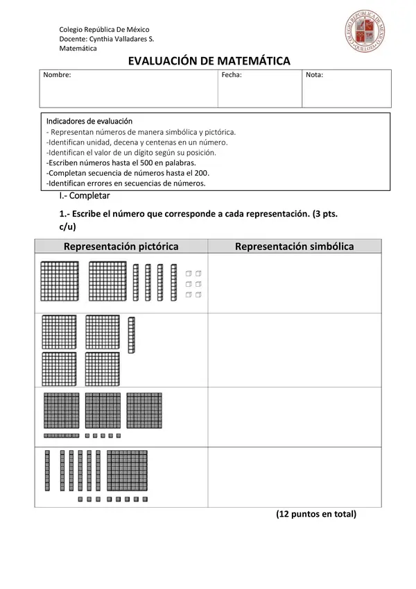 Evaluación de representación de números, secuencias, valor posicional y escritura de números. 