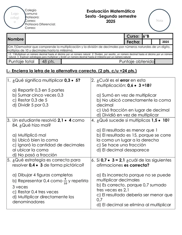 oa 7 6to matemática multiplicacion y división de números deciamales 