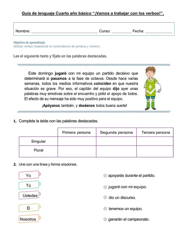Guía de lenguaje 4°año básico "Concordancia verbos, género y número"