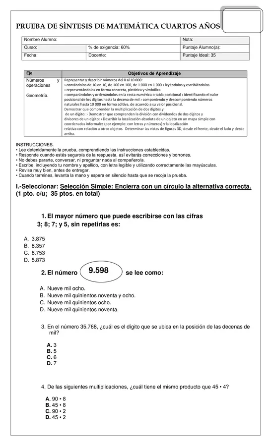 Prueba de síntesis de matemática de Números , operaciones y geometría editable en Word