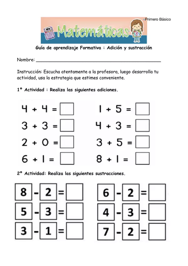 Guía de aprendizaje Formativa Adición y Sustracción hasta el 10 ...