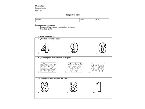 evaluación diagnóstica primero básico matemática