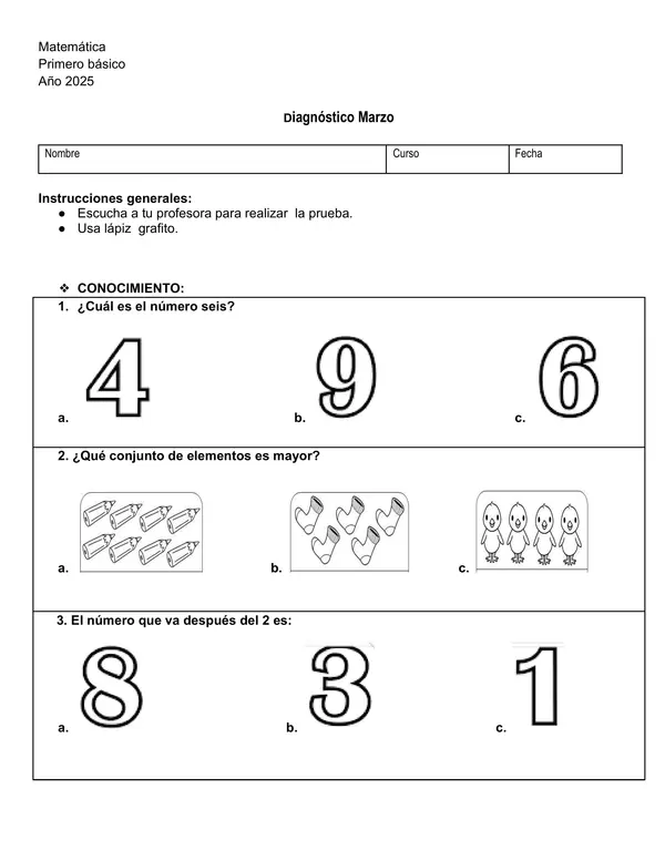 evaluación diagnóstica primero básico matemática