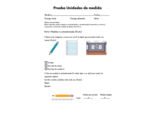 Prueba de Longitudes: Unidades Estandarizadas y No Estandarizadas (2° Básico)