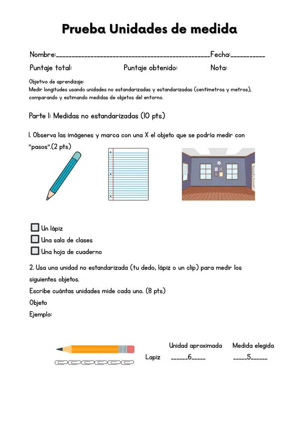 Prueba de Longitudes: Unidades Estandarizadas y No Estandarizadas (2° Básico)