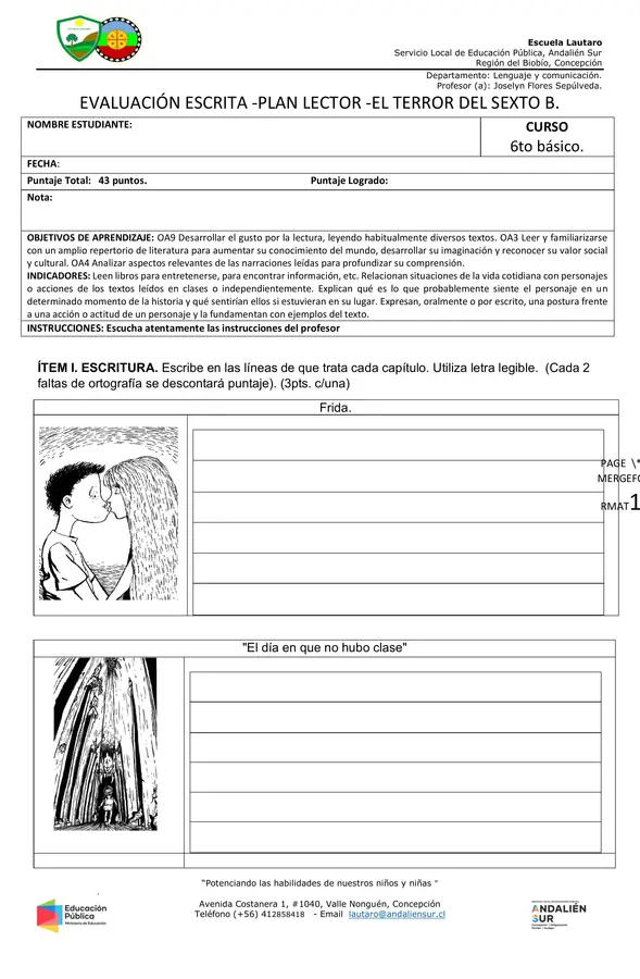 EVALUACIÓN ESCRITA -PLAN LECTOR -EL TERROR DEL SEXTO B.