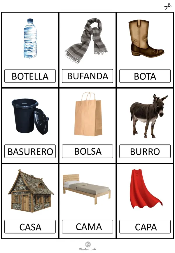 Tarjetas de elementos con inicial A-Z. Imprenta-mayúscula.