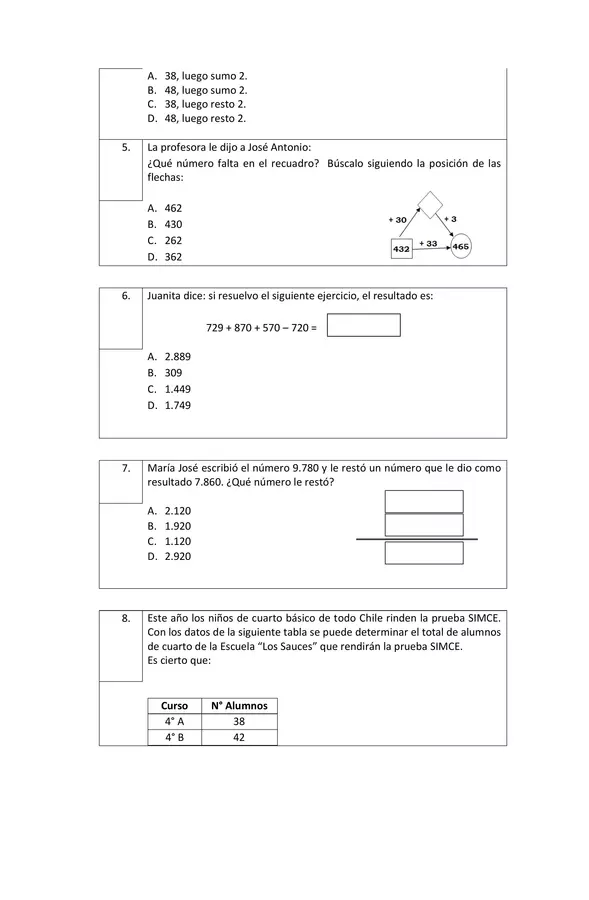 Evaluación números y operaciones 4° básico Matemática
