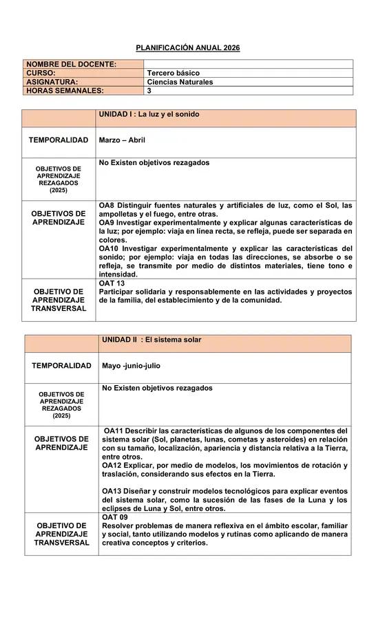 Planificacion anual de ciencias naturales tercero básico