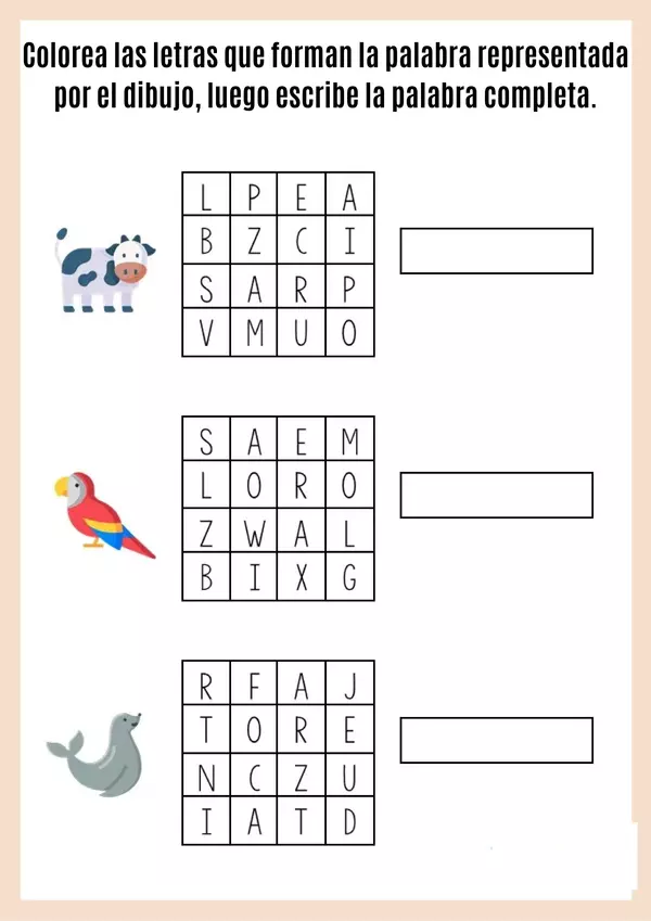 Mini sopas de letras con vocabulario de animales.