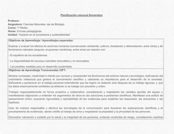 Planificación Clase a Clase Noviembre - Ciencias Naturales - Biología - 1° Medio