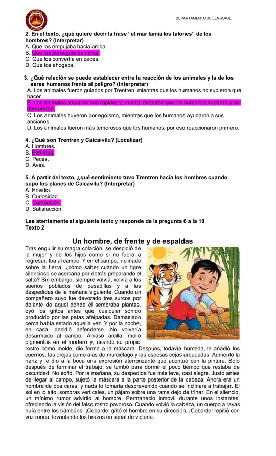 Guía de comprensión de lectura octavo básico