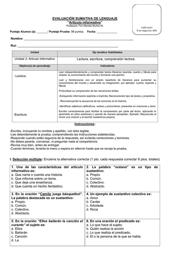 Evaluación 4° año "Artículo informativo"