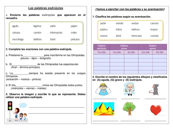 Guía "Palabras esdrújulas y ejercicios de acentuación" 3° año.