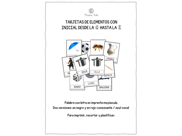 Tarjetas de elementos con inicial A-Z. Imprenta-mayúscula.