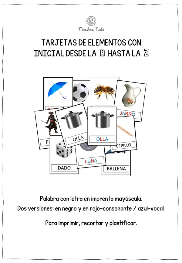 Tarjetas de elementos con inicial A-Z. Imprenta-mayúscula.