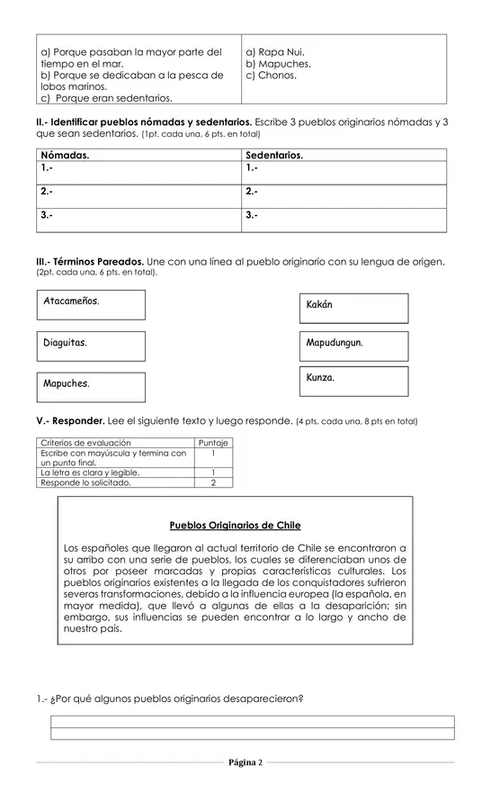 Evaluación Historia 2° básico "Pueblos originarios"