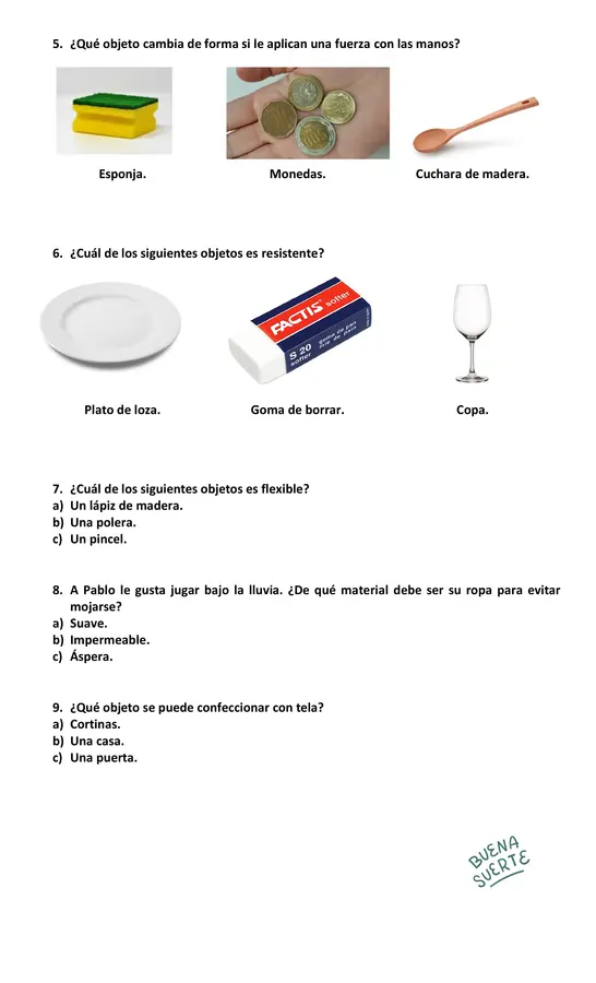 Prueba de Ciencias Naturales Unidad 3 Primero básico "Materiales"