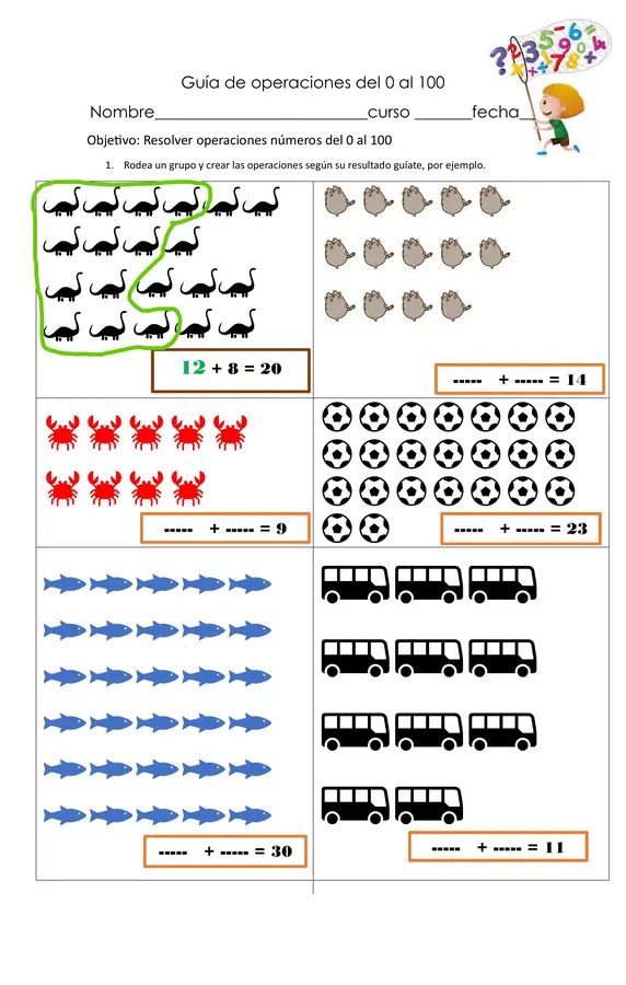 Guia editable de operaciones de números del 0 al 100 en Word
